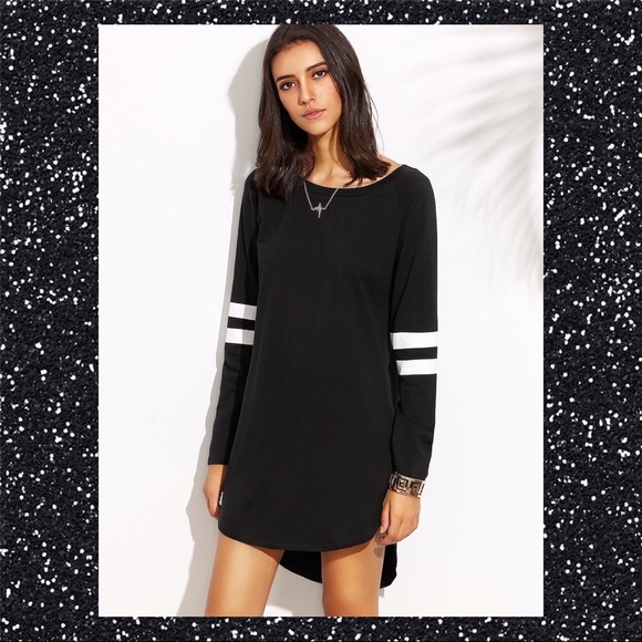 🤶BLACK AND WHITE STRIPED DIP HEM TEE DRESS SZ M🤶 - Picture 4 of 7